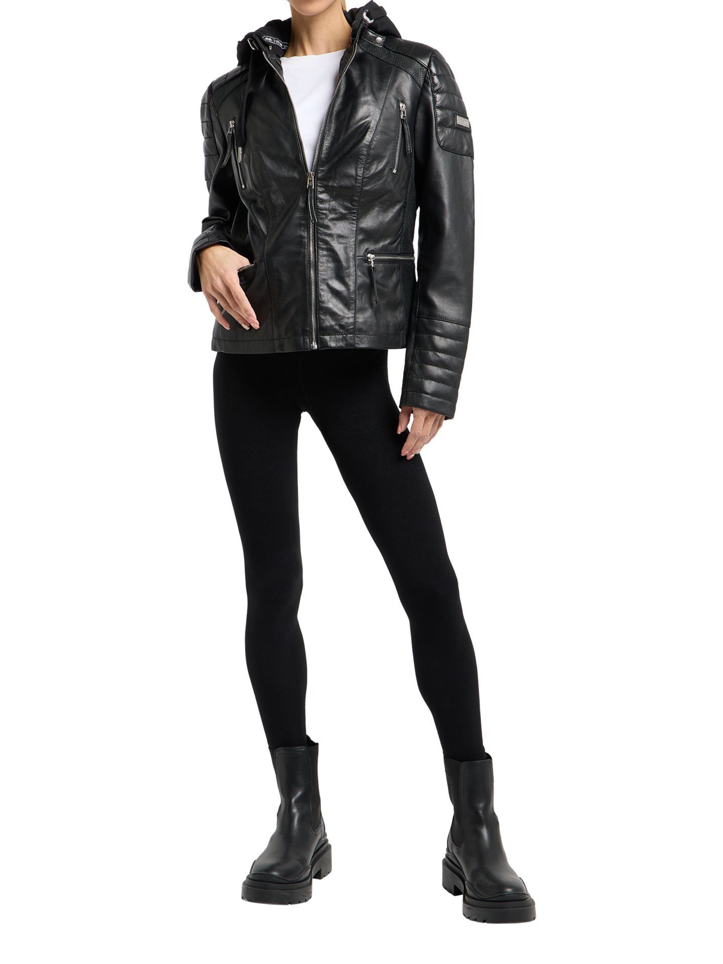  Damen Lederjacke mit Sweatkapuze